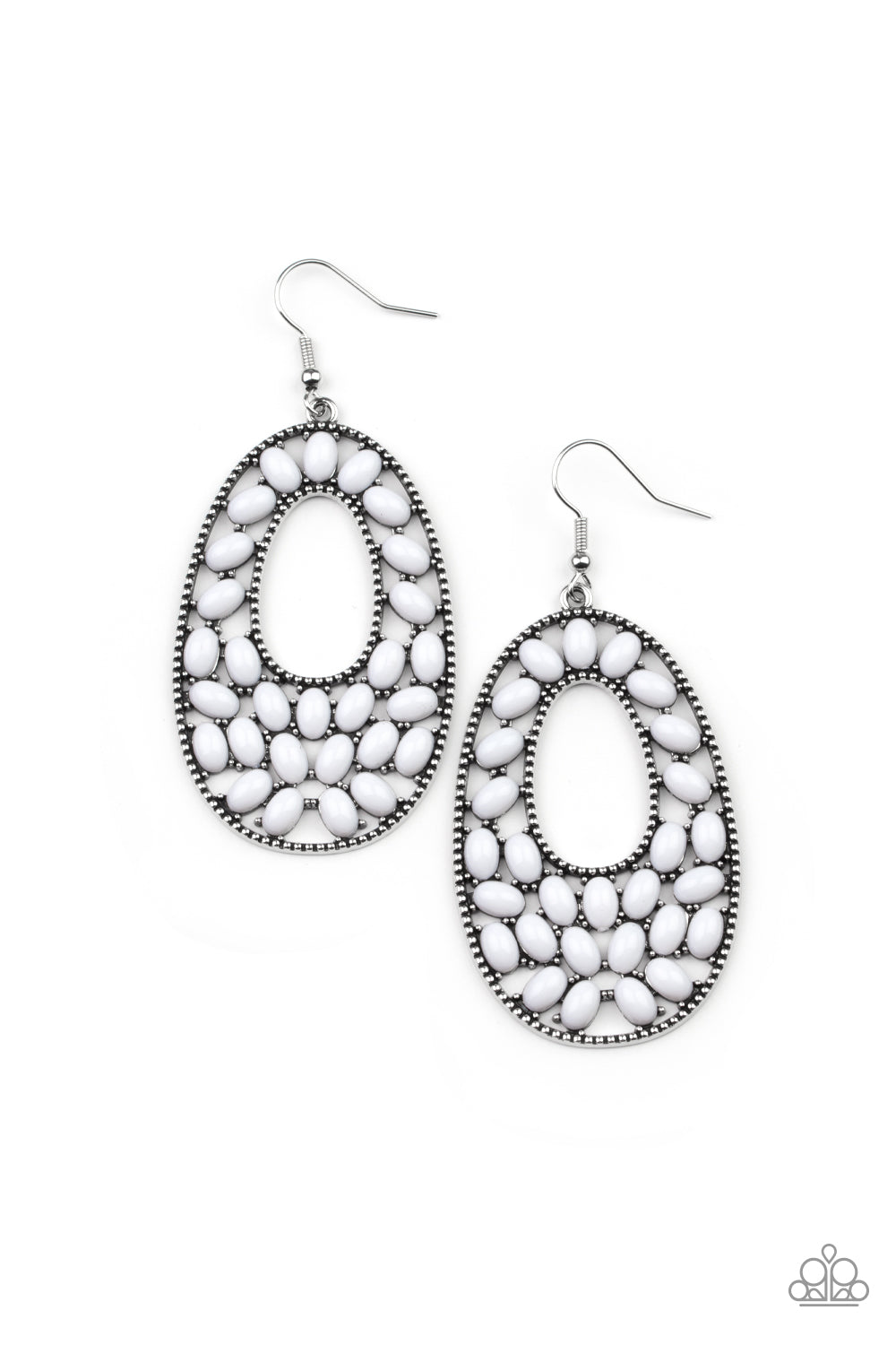 Beaded Shores White Earring - Paparazzi Accessories.  A collection of oval white beads collect inside a studded silver oval frame, creating a bright pop of color. Earring attaches to a standard fishhook fitting.  ﻿﻿﻿All Paparazzi Accessories are lead free and nickel free!  Sold as one pair of earrings.