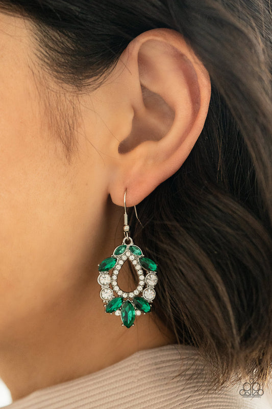 New Age Noble Green Earring - Paparazzi Accessories  Featuring regal marquise and classic round cuts, a glittery collection of white and green rhinestones coalesce into a jaw-dropping teardrop frame. Earring attaches to a standard fishhook fitting.  All Paparazzi Accessories are lead free and nickel free!  Sold as one pair of earrings.