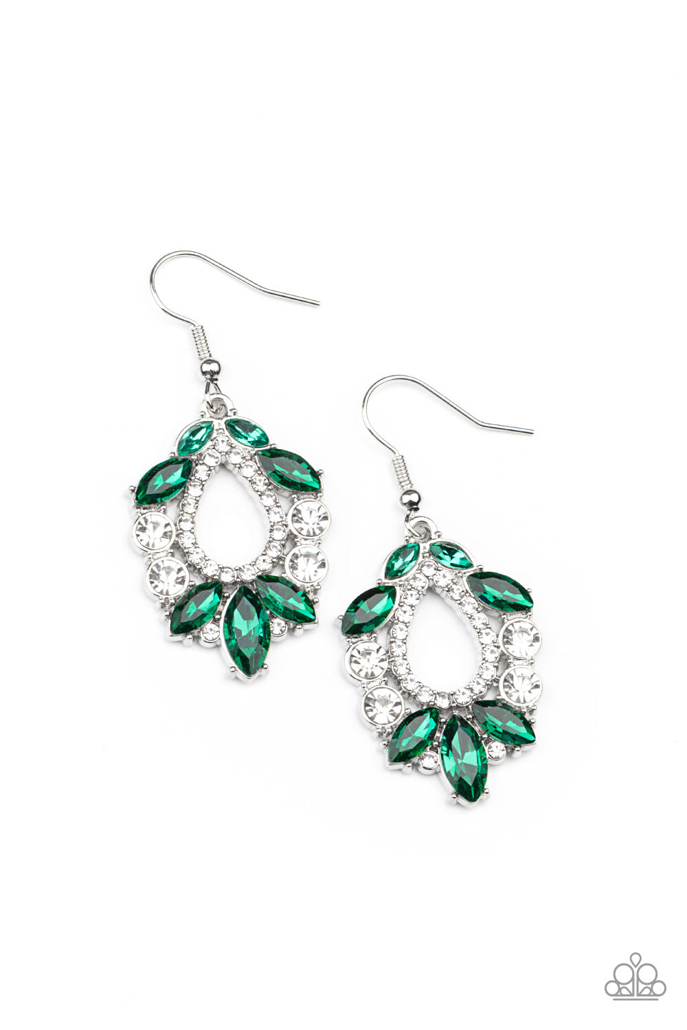 New Age Noble Green Earring - Paparazzi Accessories  Featuring regal marquise and classic round cuts, a glittery collection of white and green rhinestones coalesce into a jaw-dropping teardrop frame. Earring attaches to a standard fishhook fitting.  All Paparazzi Accessories are lead free and nickel free!  Sold as one pair of earrings.