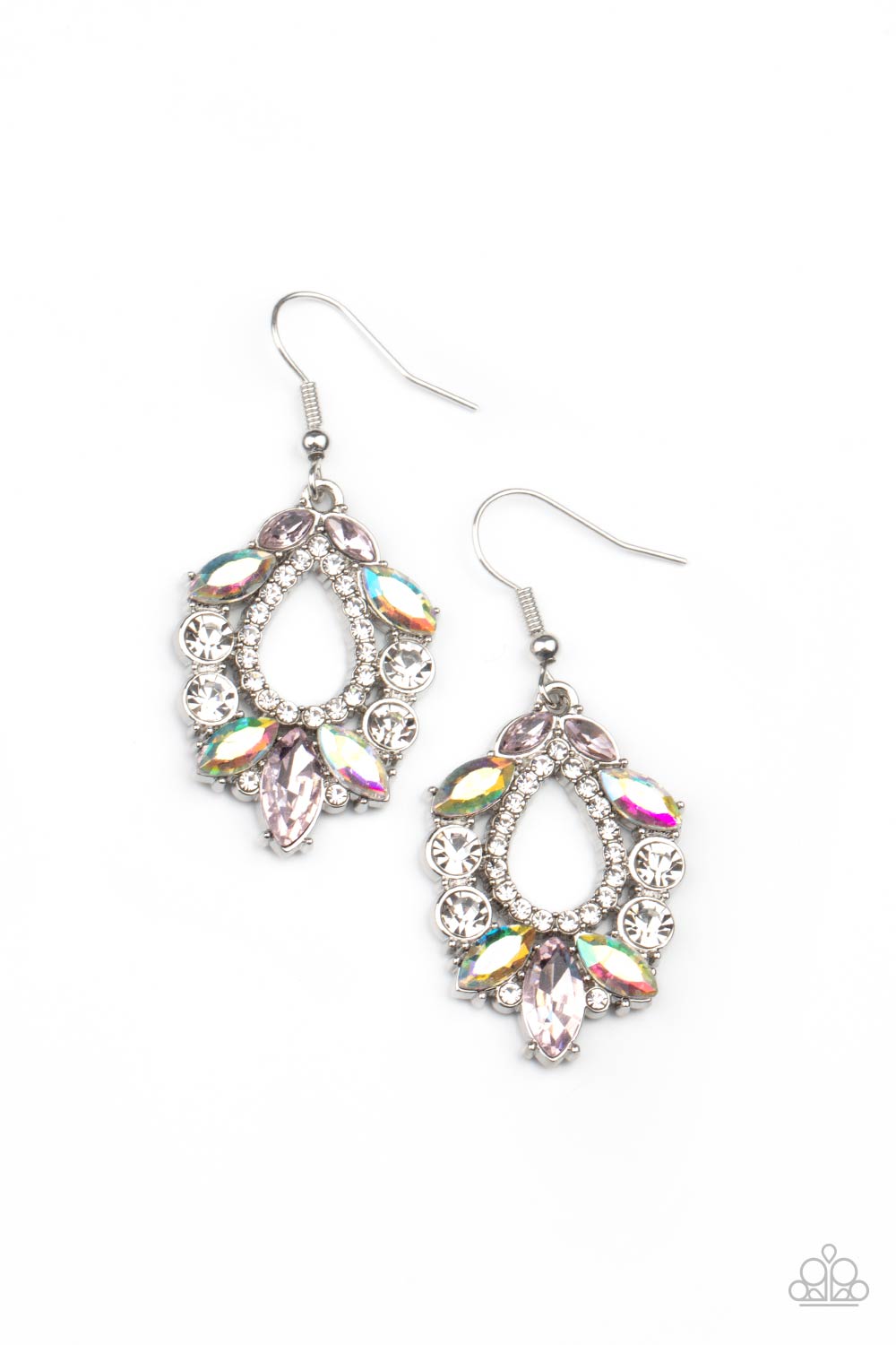 New Age Noble Multi Earring - Paparazzi Accessories  Featuring regal marquise and classic round cuts, a glittery collection of pink, white, and iridescent rhinestones coalesce into a jaw-dropping teardrop frame. Earring attaches to a standard fishhook fitting.  All Paparazzi Accessories are lead free and nickel free!  Sold as one pair of earrings.