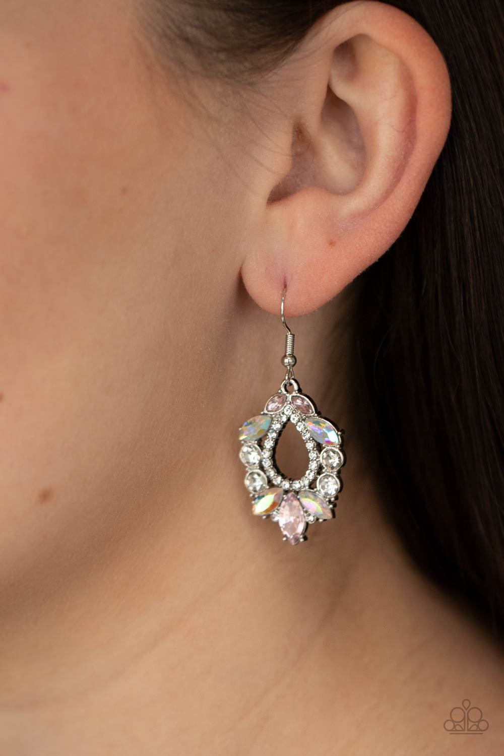 New Age Noble Multi Earring - Paparazzi Accessories  Featuring regal marquise and classic round cuts, a glittery collection of pink, white, and iridescent rhinestones coalesce into a jaw-dropping teardrop frame. Earring attaches to a standard fishhook fitting.  All Paparazzi Accessories are lead free and nickel free!  Sold as one pair of earrings.