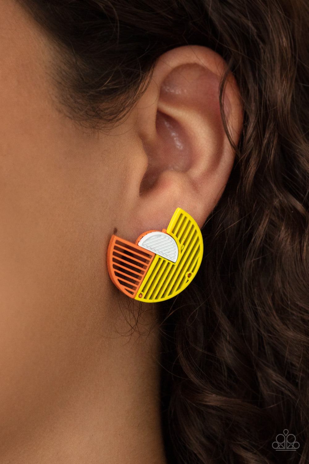 It’s Just an Expression Yellow Earring - Paparazzi Accessories  Featuring airy stenciled linear patterns, overlapping yellow and orange crescent shaped frames gather around a dainty white crescent frame, creating a modern display. Earring attaches to a standard post fitting.  All Paparazzi Accessories are lead free and nickel free!  Sold as one pair of post earrings.