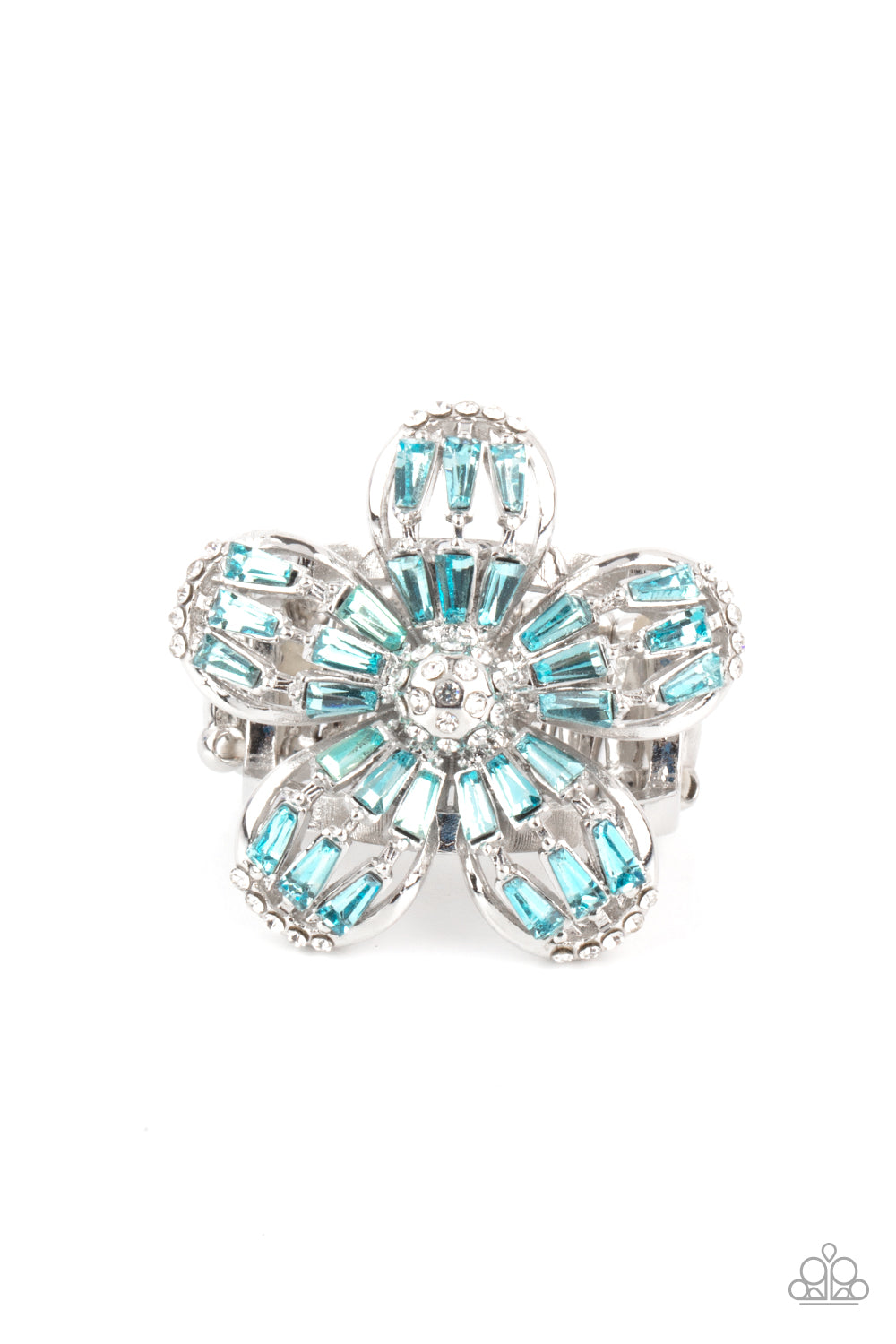Botanical Ballroom Blue Ring - Paparazzi Accessories  Blue emerald-style rhinestones adorn the silver petals of a blooming flower featuring a white rhinestone encrusted beaded center. The tips of the colorful petals are dusted in dainty white rhinestones, adding extra shimmer to the sparkly centerpiece. Features a stretchy band for a flexible fit.  All Paparazzi Accessories are lead free and nickel free!  Sold as one individual ring.