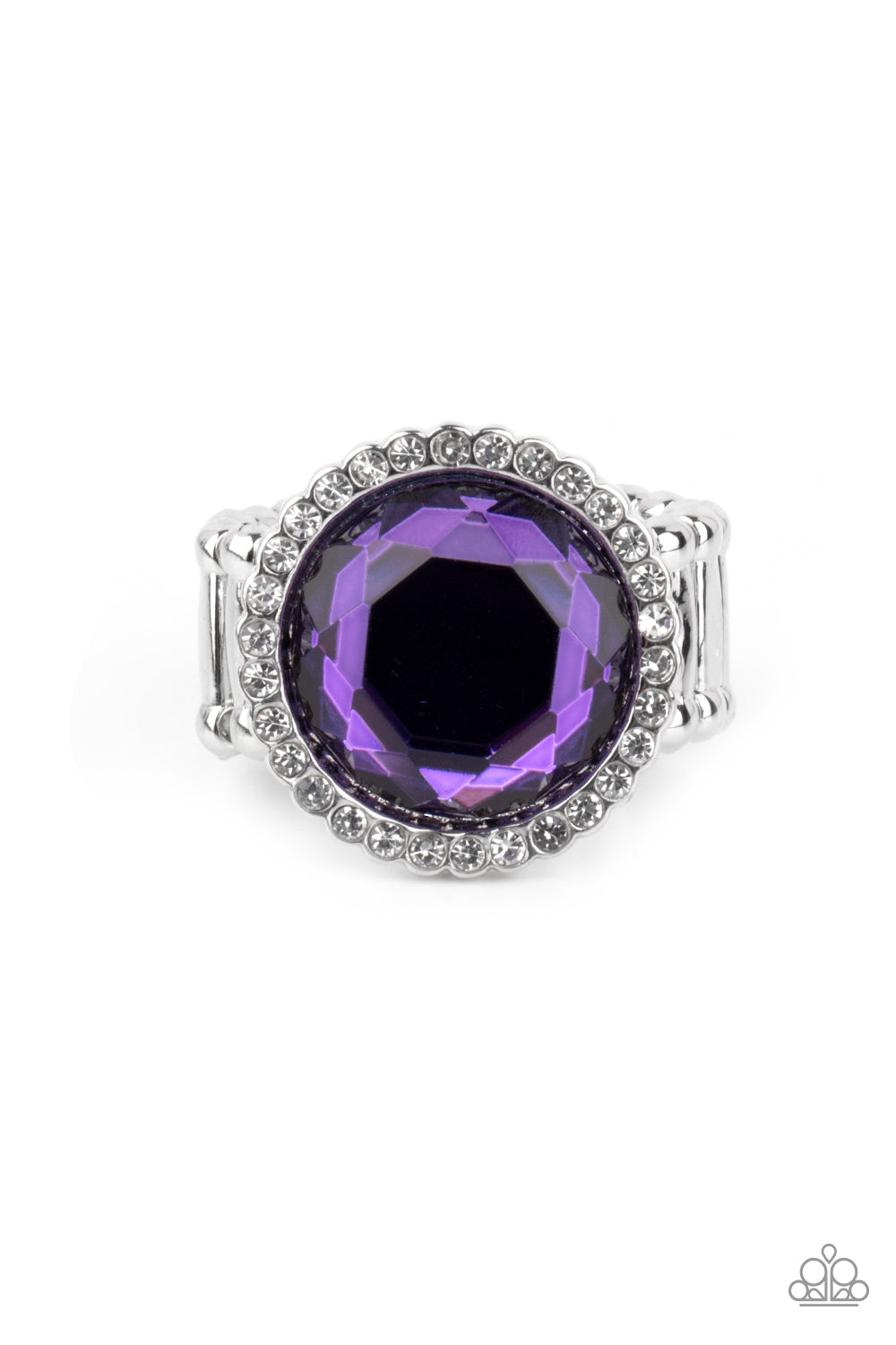 Crown Culture Purple Ring - Paparazzi Accessories.  A round purple gem is bordered in a glassy ring of dainty white rhinestones, creating a sparkly centerpiece atop the finger. Features a stretchy band for a flexible fit.  ﻿All Paparazzi Accessories are lead free and nickel free!  Sold as one individual ring.