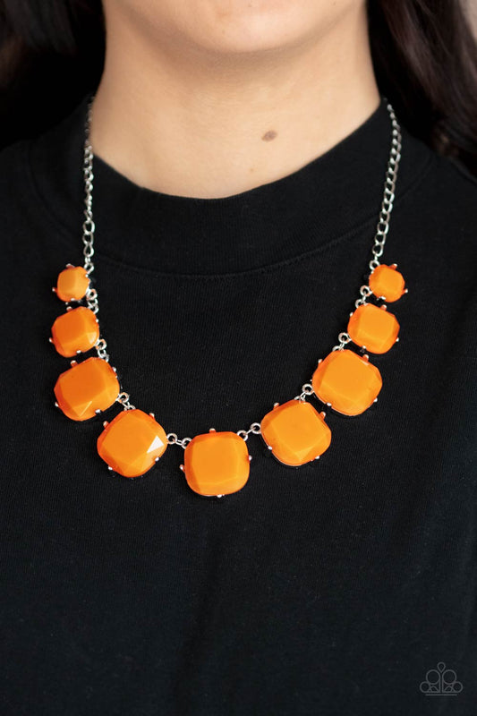 Prismatic Prima Donna Orange Necklace - Paparazzi Accessories.  Encased in pronged silver fittings, faceted Marigold beads gradually increase in size as they link below the collar, creating a flamboyant pop of color. Features an adjustable clasp closure.  ﻿All Paparazzi Accessories are lead free and nickel free!  Sold as one individual necklace. Includes one pair of matching earrings.