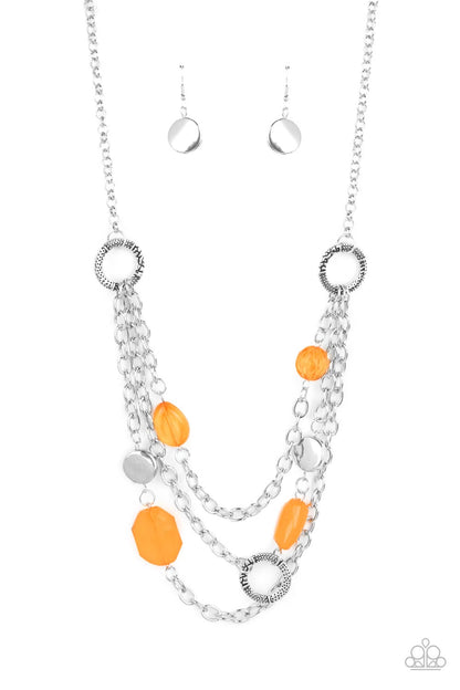 Oceanside Spa - Orange Item #P2ST-OGXX-070XX Varying in shape and opacity, glassy Marigold crystal-like beads, asymmetrical silver discs, and textured silver rings haphazardly adorn three silver chains below the collar for a whimsical pop of color. Features an adjustable clasp closure.  Sold as one individual necklace. Includes one pair of matching earrings.