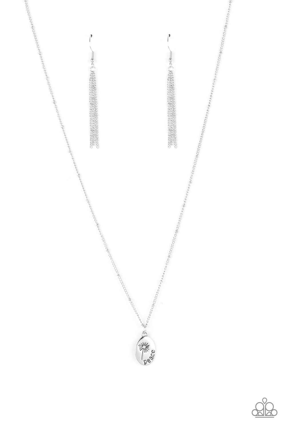 Be The Peace You Seek Silver Necklace - Paparazzi Accessories  Featuring a blooming dandelion, a simple silver disc is stamped in the word, "Peace," creating a whimsical pendant below the collar. Features an adjustable clasp closure.  All Paparazzi Accessories are lead free and nickel free!  Sold as one individual necklace. Includes one pair of matching earrings.