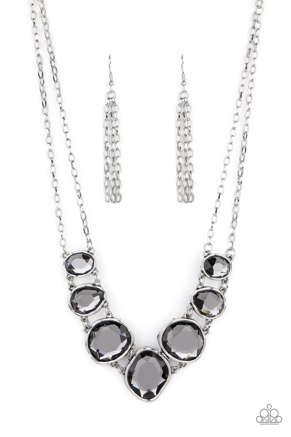 Absolute Admiration Silver Necklace - Paparazzi Accessories  Encased in hammered asymmetrical silver frames, an imperfect collection of faceted smoky gems are suspended from two shimmery silver chains as they double-link below the collar for a dramatic effect. Features an adjustable clasp closure.  Sold as one individual necklace. Includes one pair of matching earrings.