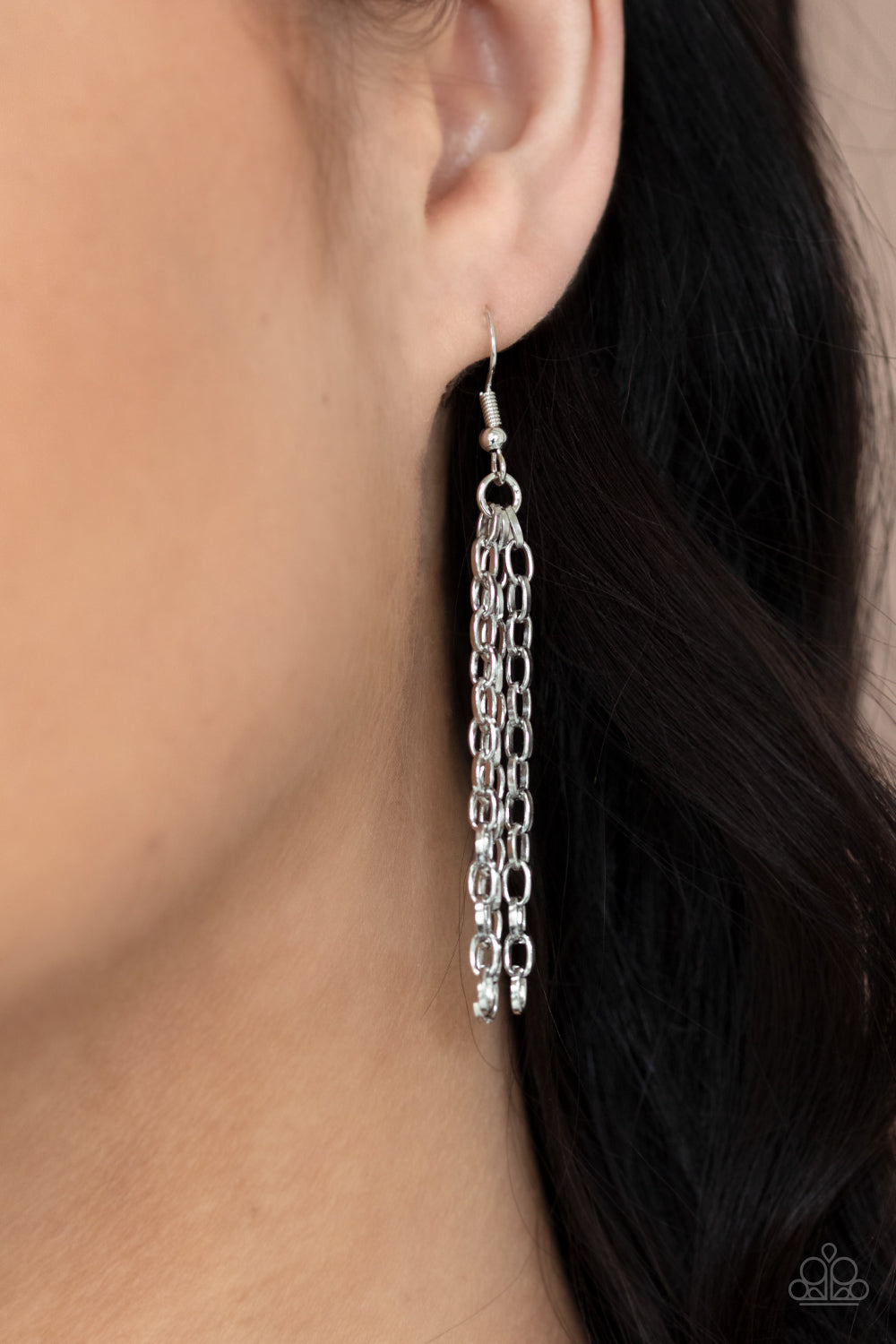 Absolute Admiration Silver Necklace - Paparazzi Accessories  Encased in hammered asymmetrical silver frames, an imperfect collection of faceted smoky gems are suspended from two shimmery silver chains as they double-link below the collar for a dramatic effect. Features an adjustable clasp closure.  Sold as one individual necklace. Includes one pair of matching earrings.