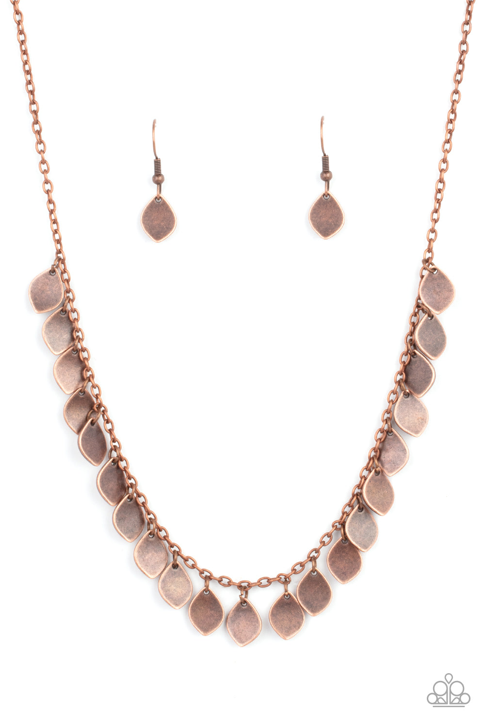 Dainty DISCovery Copper Necklace - Paparazzi Accessories  Teardrop copper discs drip from a dainty copper chain, creating a rustic fringe below the collar. Features an adjustable clasp closure.  All Paparazzi Accessories are lead free and nickel free!  Sold as one individual necklace. Includes one pair of matching earrings.