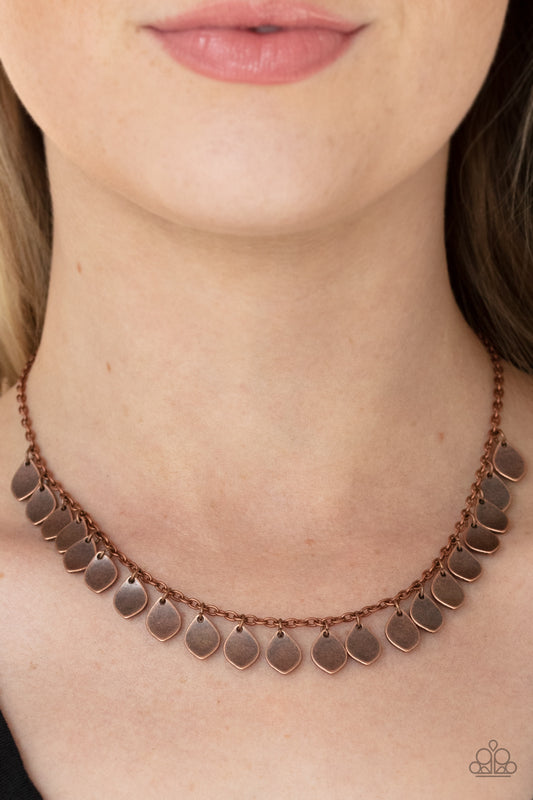 Dainty DISCovery Copper Necklace - Paparazzi Accessories  Teardrop copper discs drip from a dainty copper chain, creating a rustic fringe below the collar. Features an adjustable clasp closure.  All Paparazzi Accessories are lead free and nickel free!  Sold as one individual necklace. Includes one pair of matching earrings.