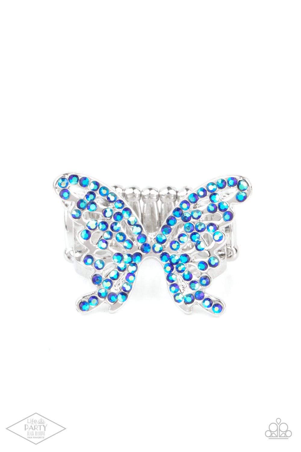 Butterfly Orchard Blue Ring - Paparazzi Accessories  Featuring an iridescent shimmer, dainty blue rhinestones adorn a silver butterfly atop the finger for an enchanted fashion. Features a stretchy band for a flexible fit.  Sold as one individual ring. This Fan Favorite is back in the spotlight at the request of our 2021 Life of the Party member with Black Diamond Access, Paula H.