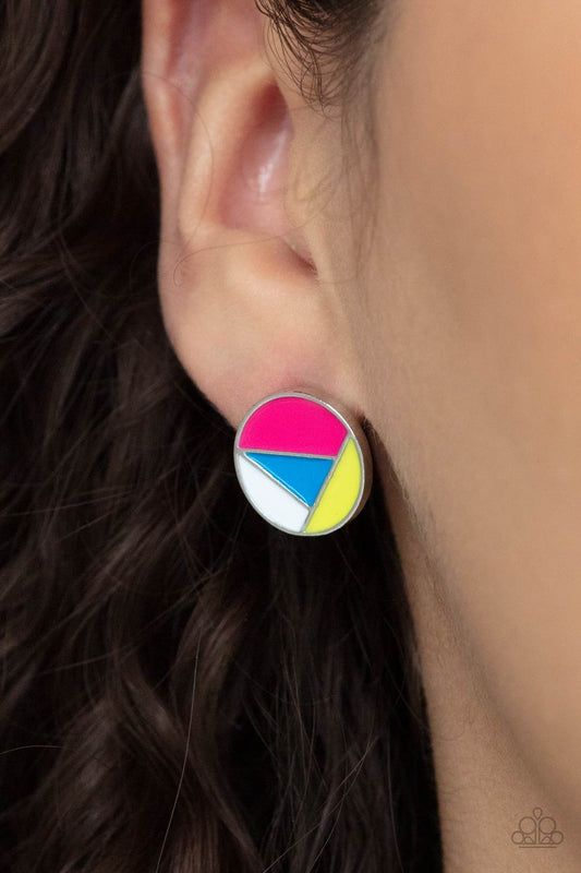Artistic Expression Multi Post Earring - Paparazzi Accessories  A dainty round frame is painted in pink, blue, yellow, and white geometric sections, creating an abstract display. Earring attaches to a standard post fitting.  ﻿All Paparazzi Accessories are lead free and nickel free!  Sold as one pair of post earrings.