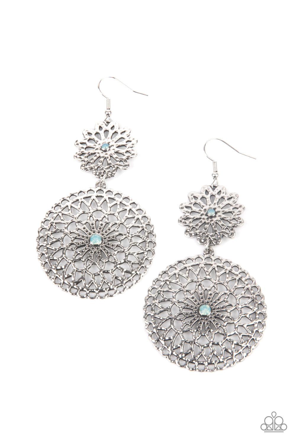 Garden Mantra Blue Earring - Paparazzi Accessories. Dotted with Cerulean opal rhinestone centers, a hammered silver floral frame links with an oversized silver mandala-like frame, creating a whimsical lure. Earring attaches to a standard fishhook fitting.  All Paparazzi Accessories are lead free and nickel free!  Sold as one pair of earrings.