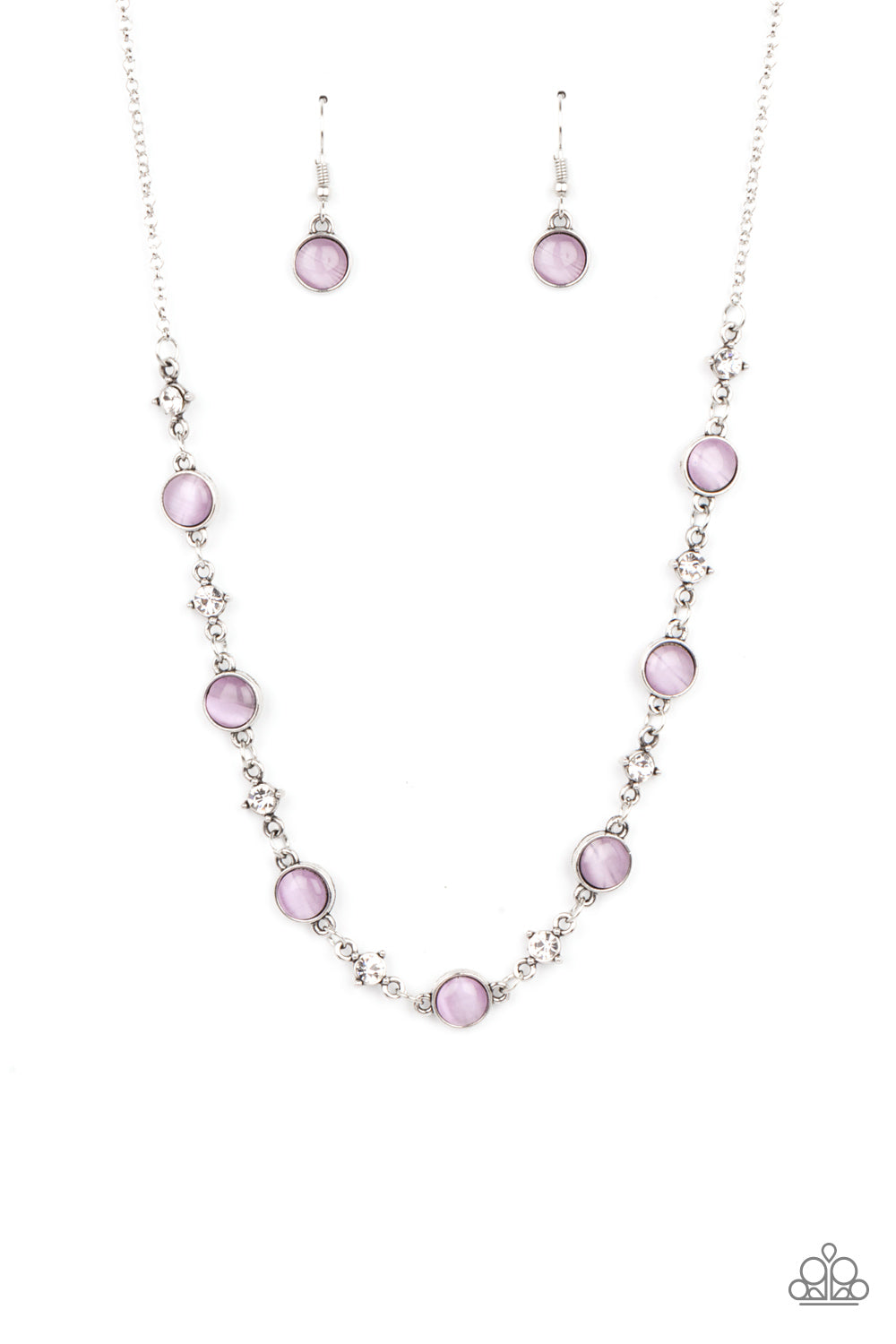 Inner Illumination Purple Necklace - Paparazzi Accessories  Encased in antiqued silver fittings, dainty white rhinestones and glowing Amethyst Orchid cat's eye stones delicately link below the collar for a timeless finish. Features an adjustable clasp closure.  All Paparazzi Accessories are lead free and nickel free!  Sold as one individual necklace. Includes one pair of matching earrings.  Get The Complete Look!  Bracelet: "Use Your ILLUMINATION - Purple" (Sold Separately)