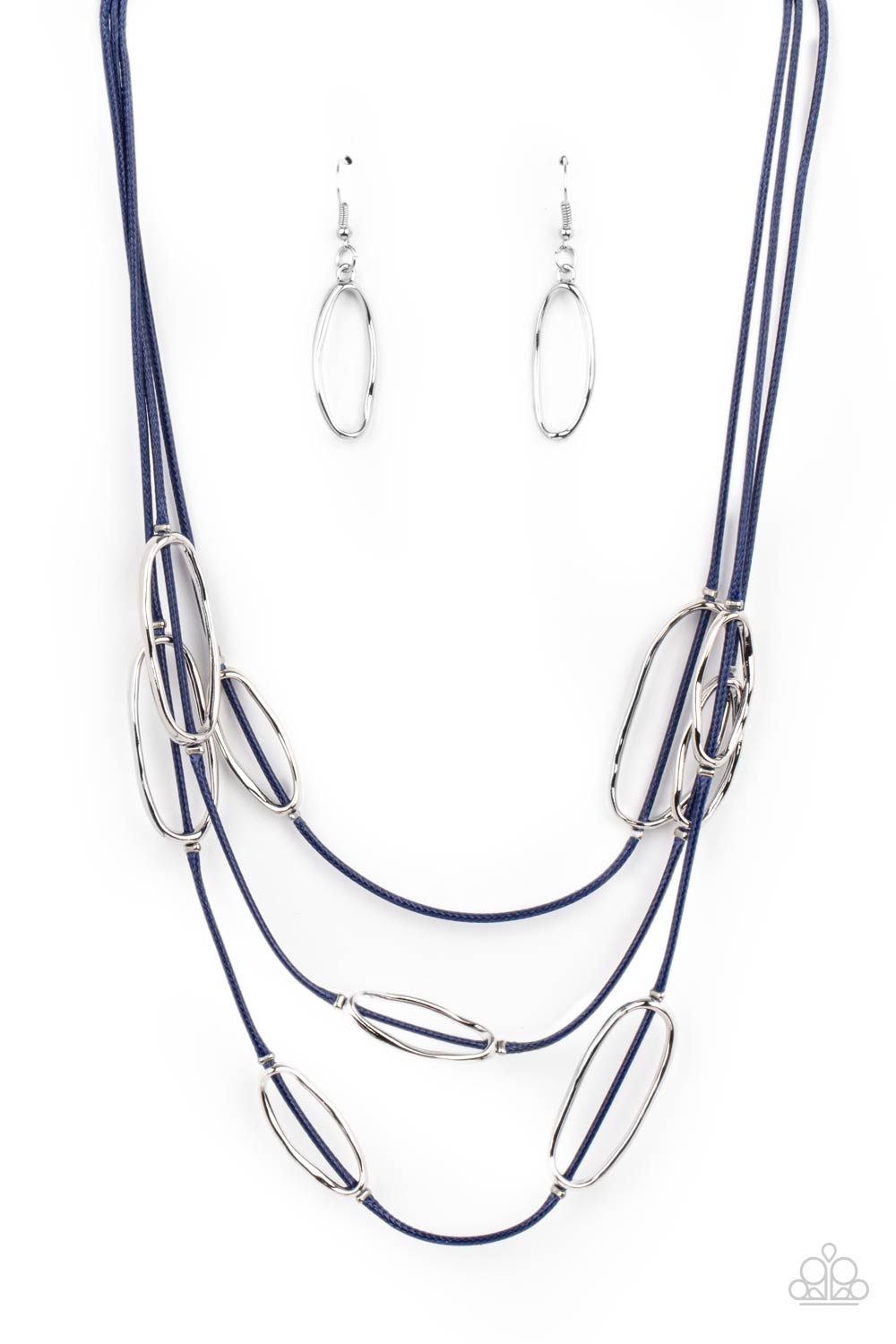 Check Your CORD-inates - Blue Item #P2SE-BLXX-445XX An asymmetrical collection of hammered silver ovals are fitted in place along three rows of shiny blue cords, creating an edgy display below the collar. Features an adjustable clasp closure.  Sold as one individual necklace. Includes one pair of matching earrings.