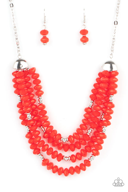 Best POSH-ible Taste Red Necklace - Paparazzi Accessories  Featuring bold silver fittings, a whimsical collection of faceted red opaque crystal-like beads and dainty silver beads are threaded along invisible wires below the collar, creating vivacious layers. Features an adjustable clasp closure.  All Paparazzi Accessories are lead free and nickel free!  Sold as one individual necklace. Includes one pair of matching earrings.