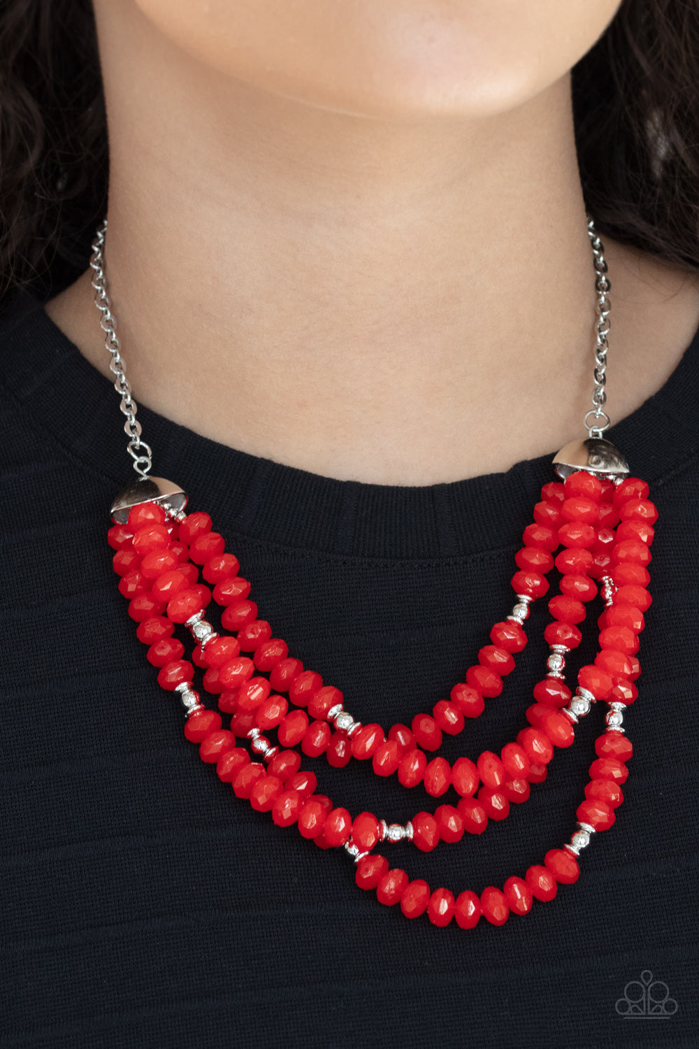 Best POSH-ible Taste Red Necklace - Paparazzi Accessories  Featuring bold silver fittings, a whimsical collection of faceted red opaque crystal-like beads and dainty silver beads are threaded along invisible wires below the collar, creating vivacious layers. Features an adjustable clasp closure.  All Paparazzi Accessories are lead free and nickel free!  Sold as one individual necklace. Includes one pair of matching earrings.