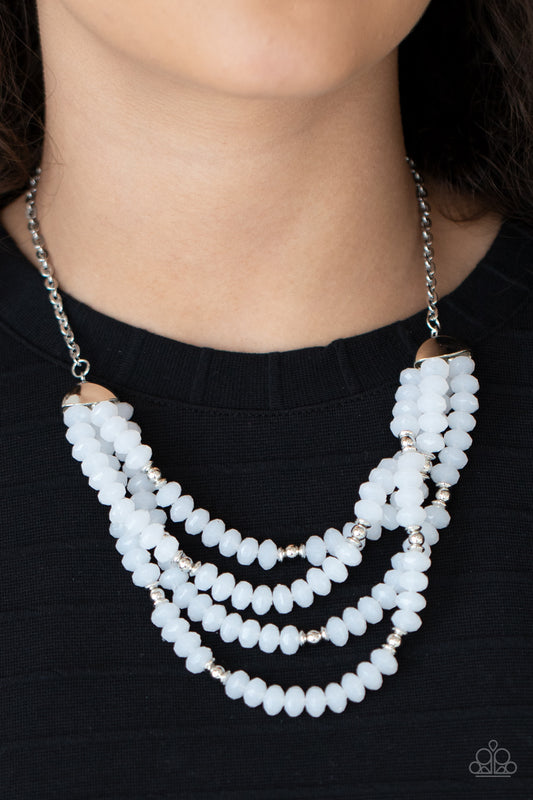 Best POSH-ible Taste White Necklace - Paparazzi Accessories.  Featuring bold silver fittings, a whimsical collection of faceted white opaque crystal-like beads and dainty silver beads are threaded along invisible wires below the collar, creating icy layers. Features an adjustable clasp closure.  ﻿﻿﻿All Paparazzi Accessories are lead free and nickel free!  Sold as one individual necklace. Includes one pair of matching earrings.