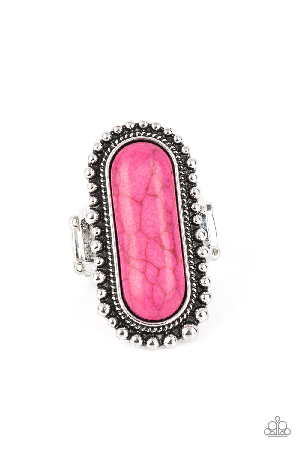Sedona Scene Pink Ring - Paparazzi Accessories  An oblong pink stone is nestled inside an oversized studded silver frame, creating a colorfully rustic centerpiece atop the finger. Features a stretchy band for a flexible fit.  All Paparazzi Accessories are lead free and nickel free!  Sold as one individual ring.