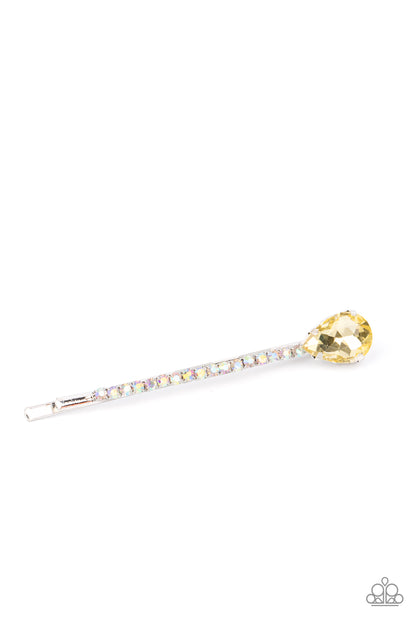 Princess Precision Yellow Hair Clip - Paparazzi Accessories  A golden yellow teardrop gem adorns the corner of a bobby pin that is adorned in opalescent rhinestones for a glamorous finish.  Sold as one individual decorative bobby pin.