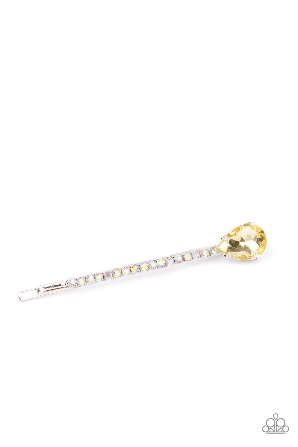 Princess Precision Yellow Hair Clip - Paparazzi Accessories  A golden yellow teardrop gem adorns the corner of a bobby pin that is adorned in opalescent rhinestones for a glamorous finish.  Sold as one individual decorative bobby pin.