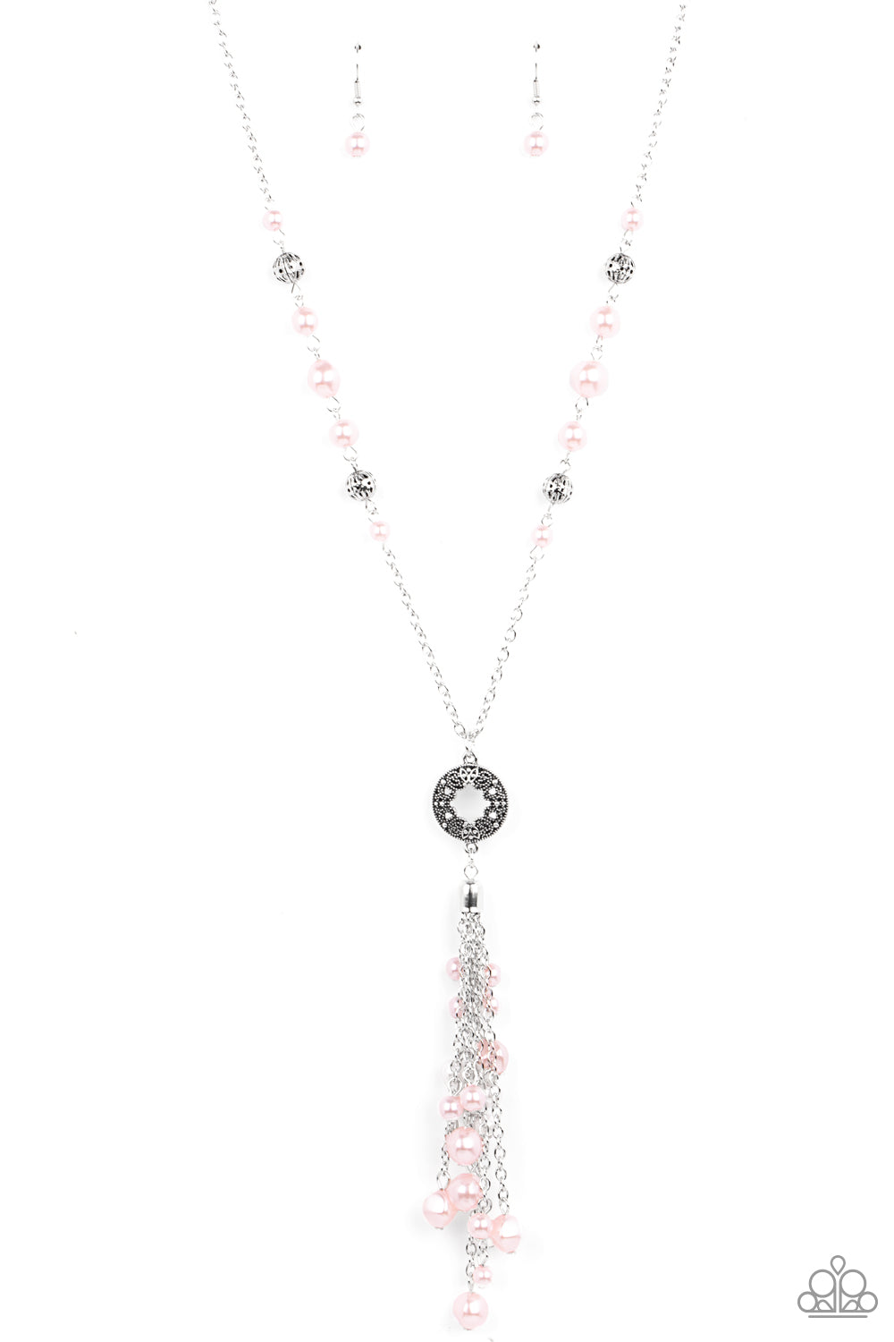 Tasseled Treasure Pink Necklace - Paparazzi Accessories  Dotted with sections of ornate silver beads and imperfect pink pearls, a lengthened silver chain gives way to a filigree studded pendant. Dotted with matching pearls, shiny silver chains join into a timelessly clustered tassel at the bottom of the refined pendant. Features an adjustable clasp closure.  ﻿All Paparazzi Accessories are lead free and nickel free!  Sold as one individual necklace. Includes one pair of matching earrings.