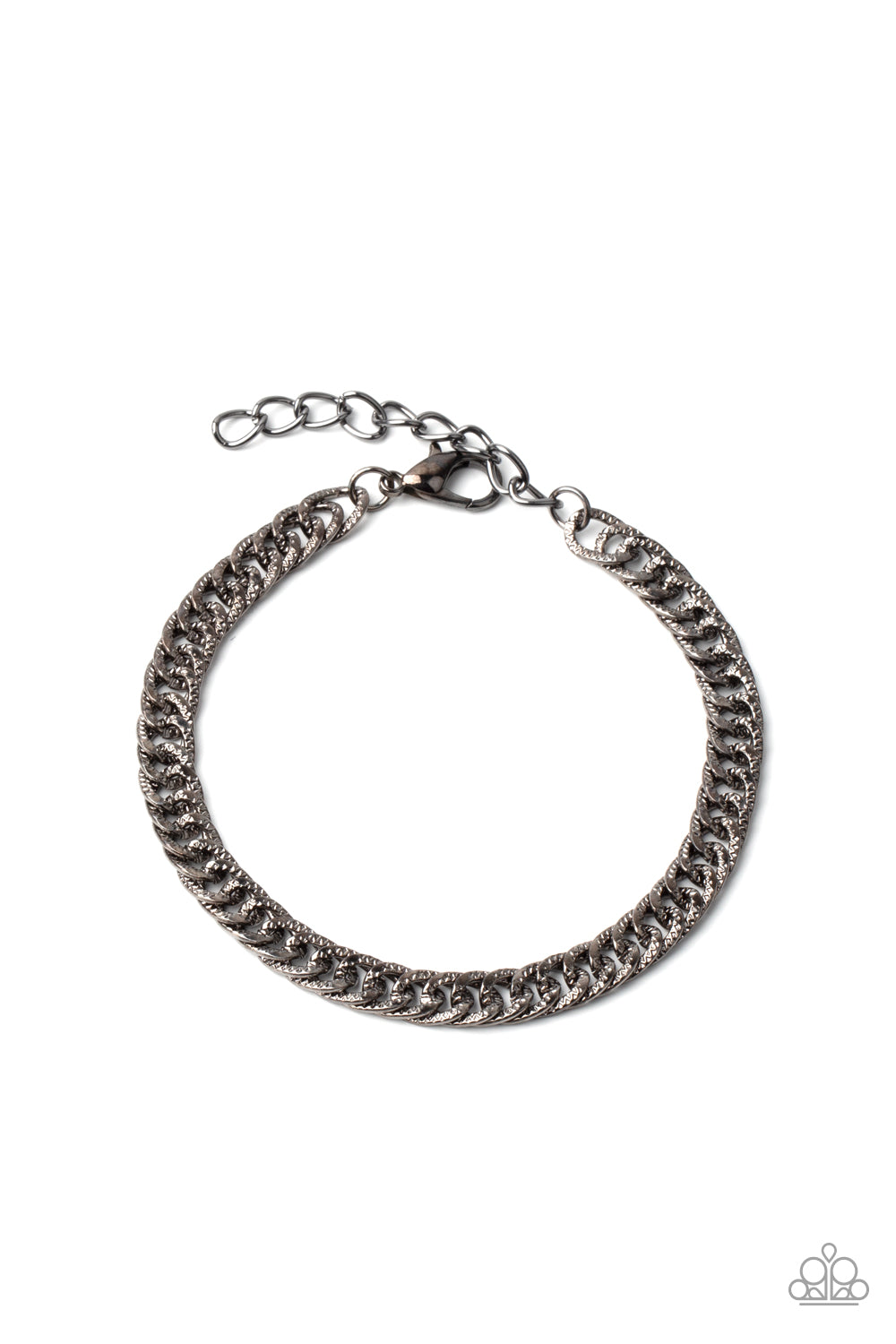 Very Valiant Black Urban Bracelet - Paparazzi Accessories  Featuring diamond-cut textures on one side and a smooth finish on the other, a glistening gunmetal curb chain wraps around the wrist for a reversible versatile look. Features an adjustable clasp closure.  Sold as one individual bracelet.  Get The Complete Look! Necklace: "Valiant Victor - Black" (Sold Separately)