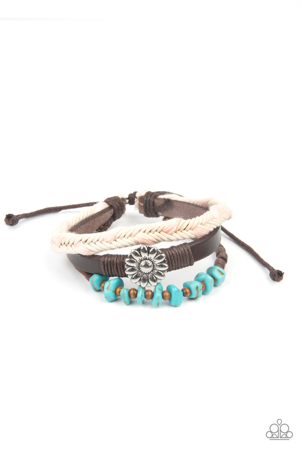 Terrain Trend Pink Urban Bracelet - Paparazzi Accessories  Featuring a silver floral centerpiece, mismatched strands of turquoise stones and wooden beads, brown leather, and braided pink and white cording layers across the wrist for a seasonal flair. Features an adjustable sliding knot closure.  All Paparazzi Accessories are lead free and nickel free!  Sold as one individual bracelet.