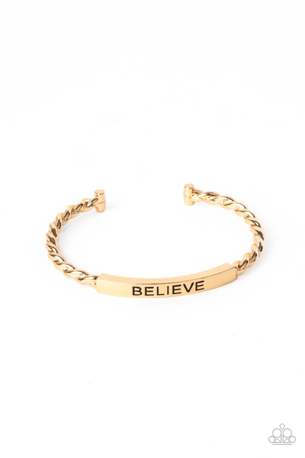 Keep Calm and Believe Gold Cuff Bracelet - Paparazzi Accessories  Twisted gold bars attach to a shiny gold plate stamped in the word, "BELIEVE," creating an inspiring cuff around the wrist.  All Paparazzi Accessories are lead free and nickel free!  Sold as one individual necklace.