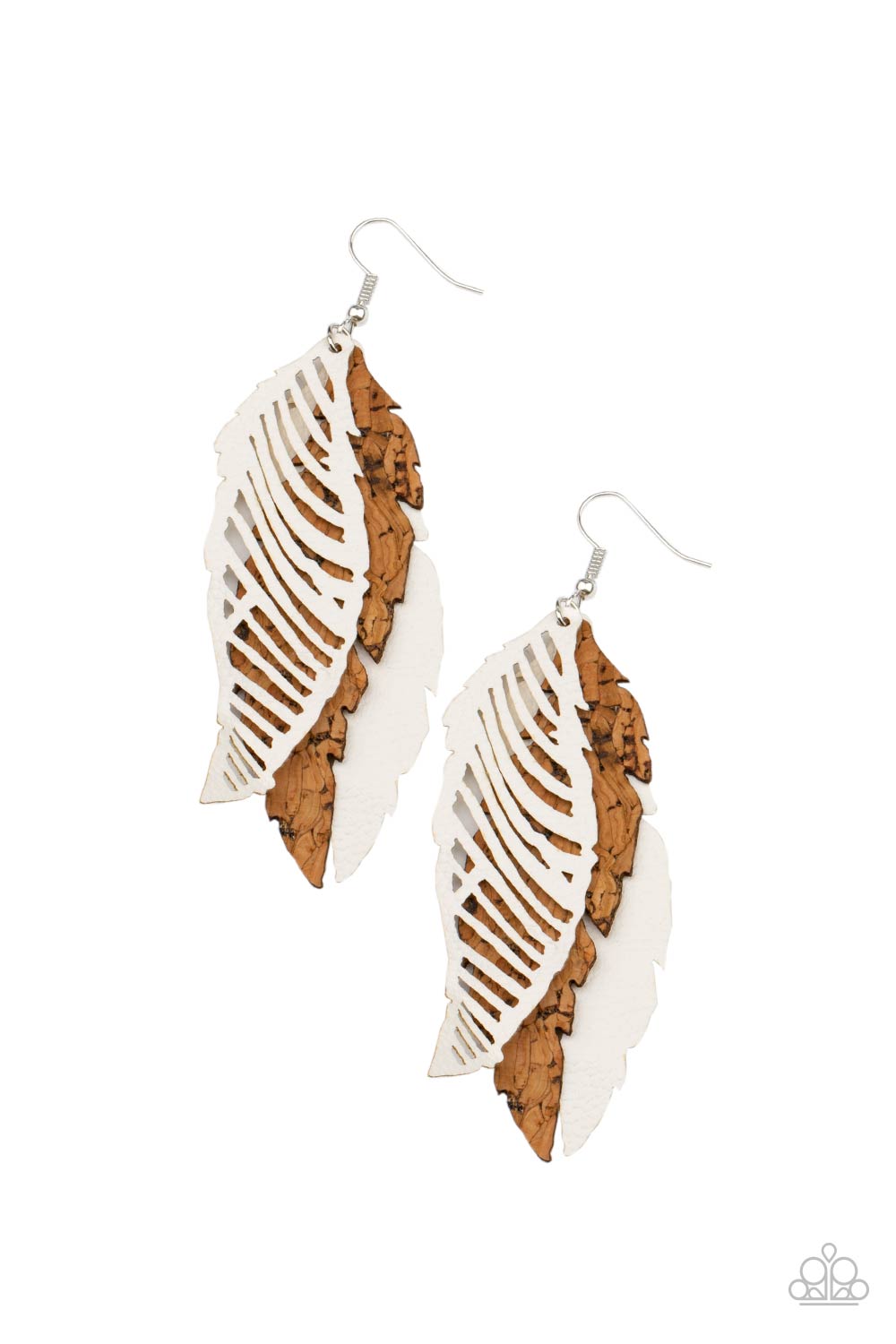 WINGING Off The Hook White Earring - Paparazzi Accessories  A mismatched collection of cork and white leather feather frames flutter from the ear, layering into a free-spirited lure. Earring attaches to a standard fishhook fitting.  ﻿All Paparazzi Accessories are lead free and nickel free!  Sold as one pair of earrings.