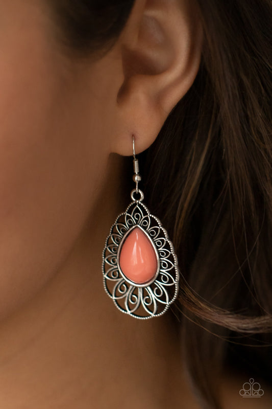 Dream STAYCATION Orange Earring - Paparazzi Accessories  A shiny Burnt Coral teardrop bead is pressed into the center of an airy silver teardrop frame radiating with ornate petals for a whimsical finesse. Earring attaches to a standard fishhook fitting.  All Paparazzi Accessories are lead free and nickel free!  Sold as one pair of earrings.