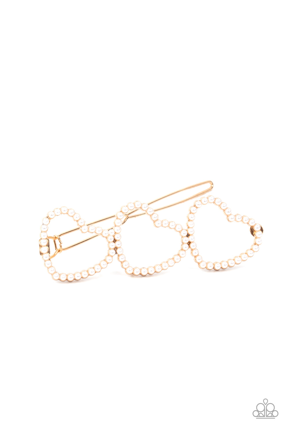 Love Struck Gold Hair Clip - Paparazzi Accessories  Dainty white pearls adorn a trio of gold heart silhouette frames, creating a romantic display. Features a clamp barrette closure.  Sold as one individual barrette.