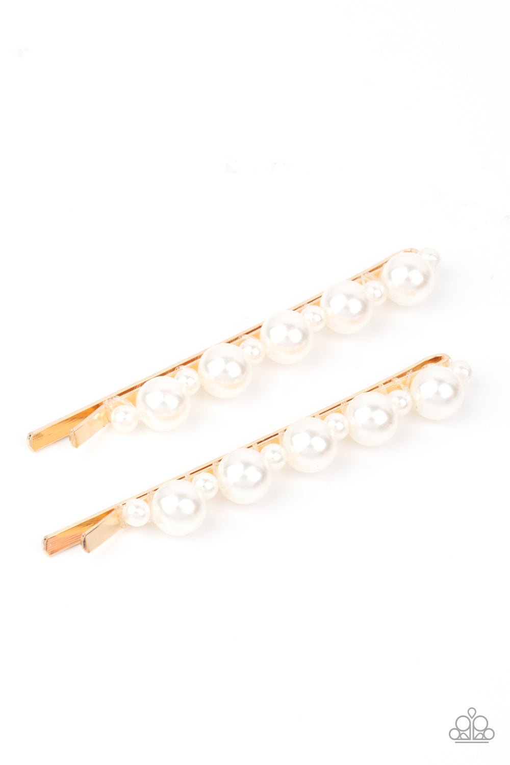 Put A Pin In It Gold Hair Clip - Paparazzi Accessories  Dainty and classic pearls alternate along a pair of gold bobby pins, creating a bubbly display.  Sold as one pair of decorative bobby pins.