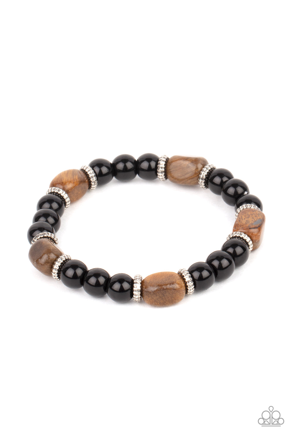 Unity Brown Urban Bracelet - Paparazzi Accessories  Infused with dainty silver accents, glassy black and tiger's eye stone beads are threaded along a stretchy band around the wrist for a stackable seasonal look.  All Paparazzi Accessories are lead free and nickel free!  Sold as one individual bracelet.