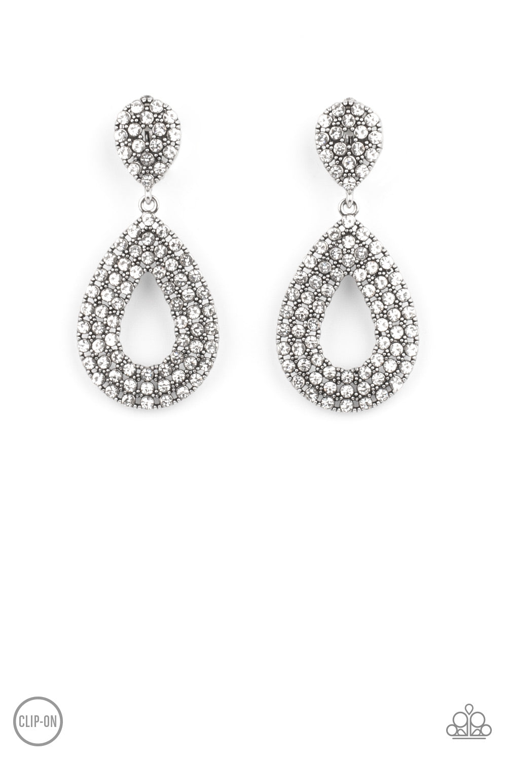Pack In The Pizzazz White Clip-On Earring - Paparazzi Accessories  A white rhinestone encrusted silhouette teardrop attaches to the bottom of a dainty white rhinestone encrusted teardrop, creating a glamorous lure. Earring attaches to a standard clip-on fitting.  Sold as one pair of clip-on earrings.