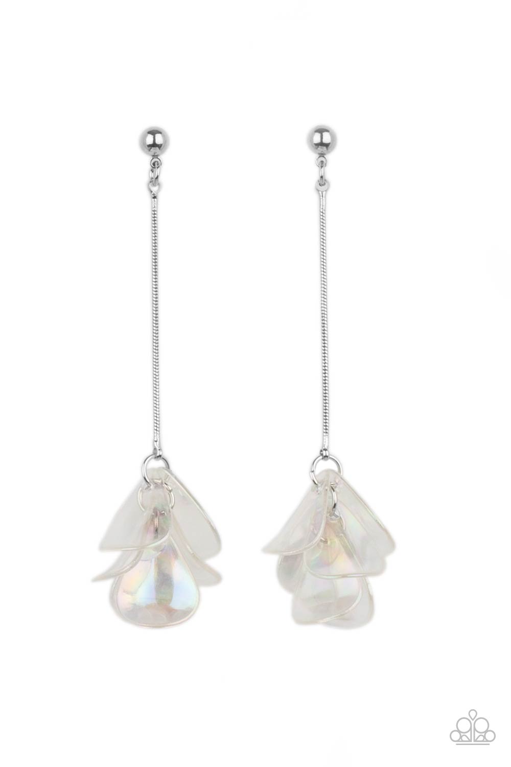 Keep Them In Suspense Multi Earring - Paparazzi Accessories  Iridescent acrylic petals delicately cluster at the bottom of a shiny silver chain, creating an ethereal tassel. Earring attaches to a standard post fitting.  All Paparazzi Accessories are lead free and nickel free!  Sold as one pair of post earrings.