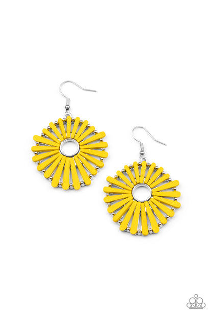 SPOKE Too Soon Yellow Wooden Earring - Paparazzi Accessories  Painted in a sunny yellow finish, petal-like wooden frames asymmetrically flare out from an airy silver center, creating a rustic floral display. Earring attaches to a standard fishhook fitting.  All Paparazzi Accessories are lead free and nickel free!  Sold as one pair of earrings.
