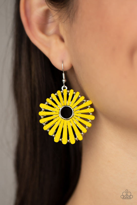 SPOKE Too Soon Yellow Wooden Earring - Paparazzi Accessories  Painted in a sunny yellow finish, petal-like wooden frames asymmetrically flare out from an airy silver center, creating a rustic floral display. Earring attaches to a standard fishhook fitting.  All Paparazzi Accessories are lead free and nickel free!  Sold as one pair of earrings.