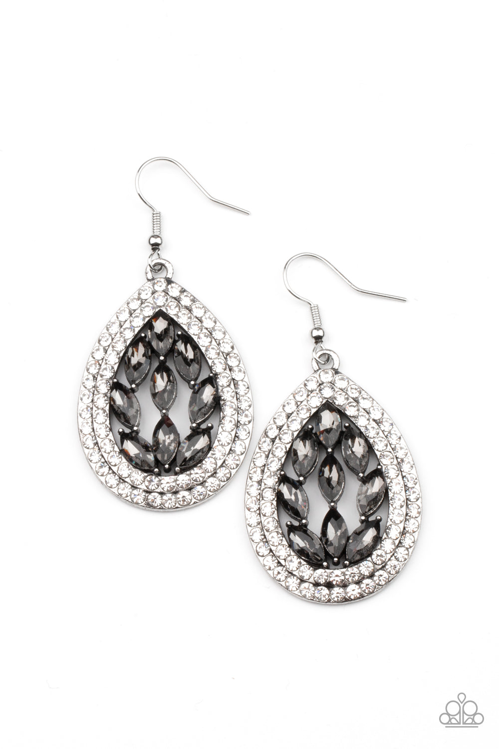 Encased Elegance Silver Earring - Paparazzi Accessories  Smoky marquise cut rhinestones collect inside two borders of glassy white rhinestones, coalescing into a sparkly teardrop. Earring attaches to a standard fishhook fitting.  All Paparazzi Accessories are lead free and nickel free!  Sold as one pair of earrings.