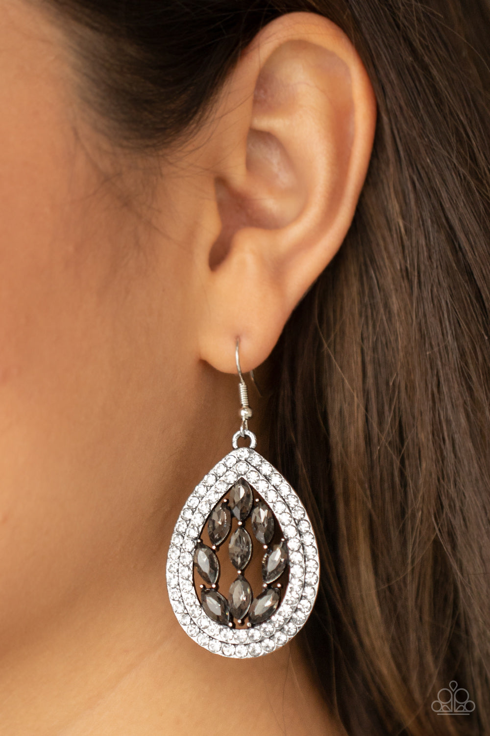 Encased Elegance Silver Earring - Paparazzi Accessories  Smoky marquise cut rhinestones collect inside two borders of glassy white rhinestones, coalescing into a sparkly teardrop. Earring attaches to a standard fishhook fitting.  All Paparazzi Accessories are lead free and nickel free!  Sold as one pair of earrings.