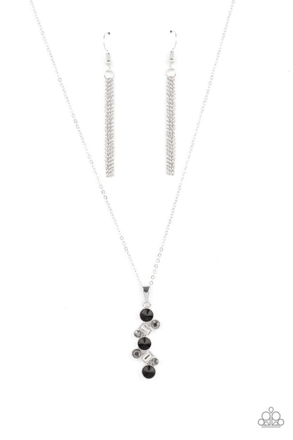 Classically Clustered Black Necklace - Paparazzi Accessories  Featuring classic round and regal emerald style cuts, a glittery collection of black, hematite, and white rhinestones delicately coalesce into a glamorous pendant below the collar. Features an adjustable clasp closure.  All Paparazzi Accessories are lead free and nickel free!   Sold as one individual necklace. Includes one pair of matching earrings.