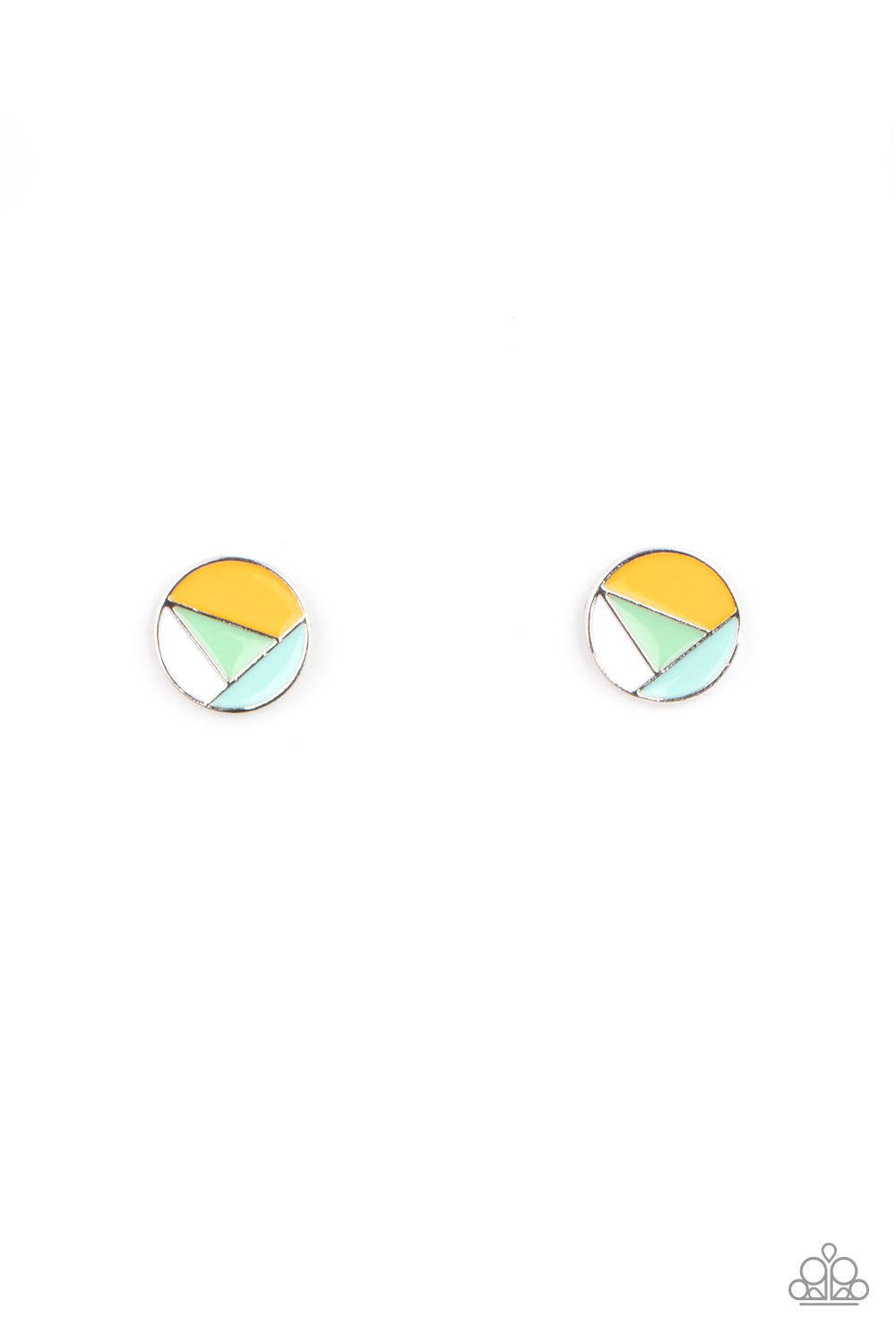 Artistic Expression Multi Post Earring - Paparazzi Accessories. A dainty round frame is painted in Green Ash, Cerulean, Marigold, and white geometric sections, creating an abstract display. Earring attaches to a standard post fitting.  All Paparazzi Accessories are lead free and nickel free!  Sold as one pair of post earrings.