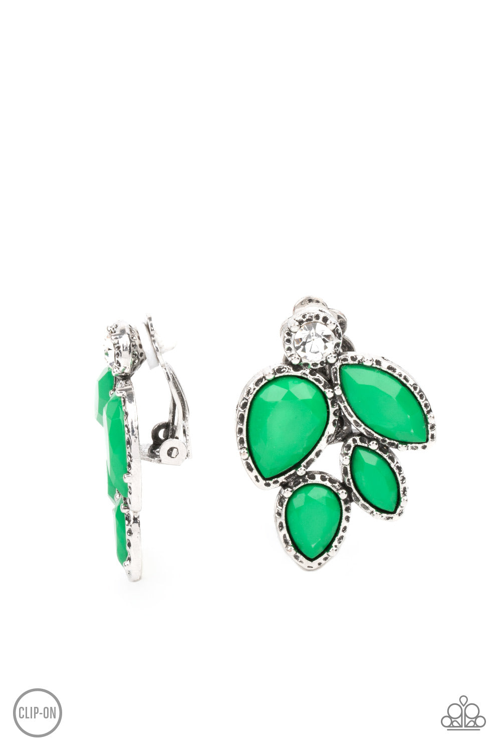 Fancy Foliage Green Clip-On Earring - Paparazzi Accessories  Featuring a dainty white rhinestone, faceted Mint teardrop and marquise beads are pressed into hammered silver fittings that coalesce into a leafy frame. Earring attaches to a standard clip-on fitting.  All Paparazzi Accessories are lead free and nickel free!   Sold as one pair of clip-on earrings.