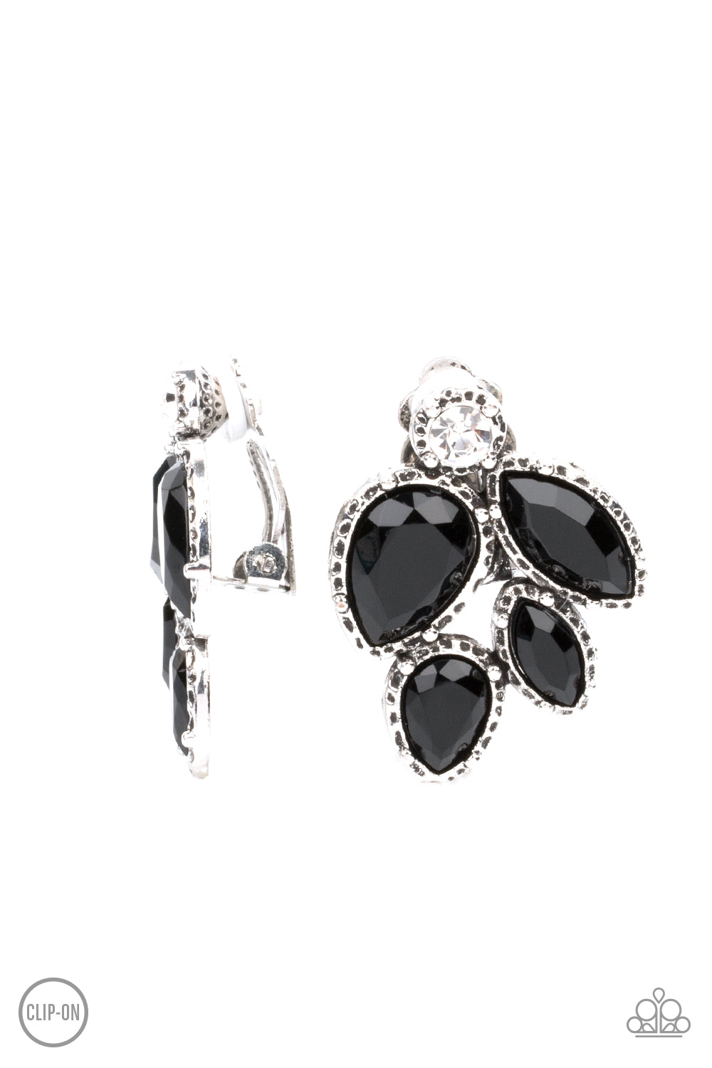 Fancy Foliage Black Clip-On Earring - Paparazzi Accessories.  Featuring a dainty white rhinestone, faceted black teardrop and marquise beads are pressed into hammered silver fittings that coalesce into a leafy frame. Earring attaches to a standard clip-on fitting.  ﻿﻿﻿All Paparazzi Accessories are lead free and nickel free!  Sold as one pair of clip-on earrings.
