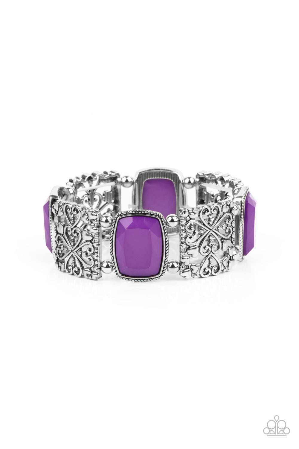 Colorful Coronation Purple Bracelet - Paparazzi Accessories  Infused with dainty silver heart accents, whimsically filled silver filigree frames and faceted Amethyst Orchid beads are threaded along stretchy bands around the wrist for a colorful flair.  All Paparazzi Accessories are lead free and nickel free!  Sold as one individual bracelet.