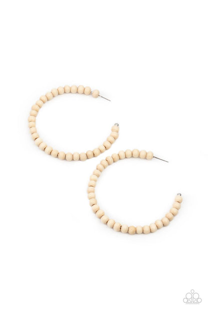 Should Have, Could Have, WOOD Have White Hoop Earring - Paparazzi Accessories  White wooden beads are threaded along a dainty wire, creating an earthy hoop. Earring attaches to a standard post fitting. Hoop measures approximately 2 1/2" in diameter.  Sold as one pair of hoop earrings.