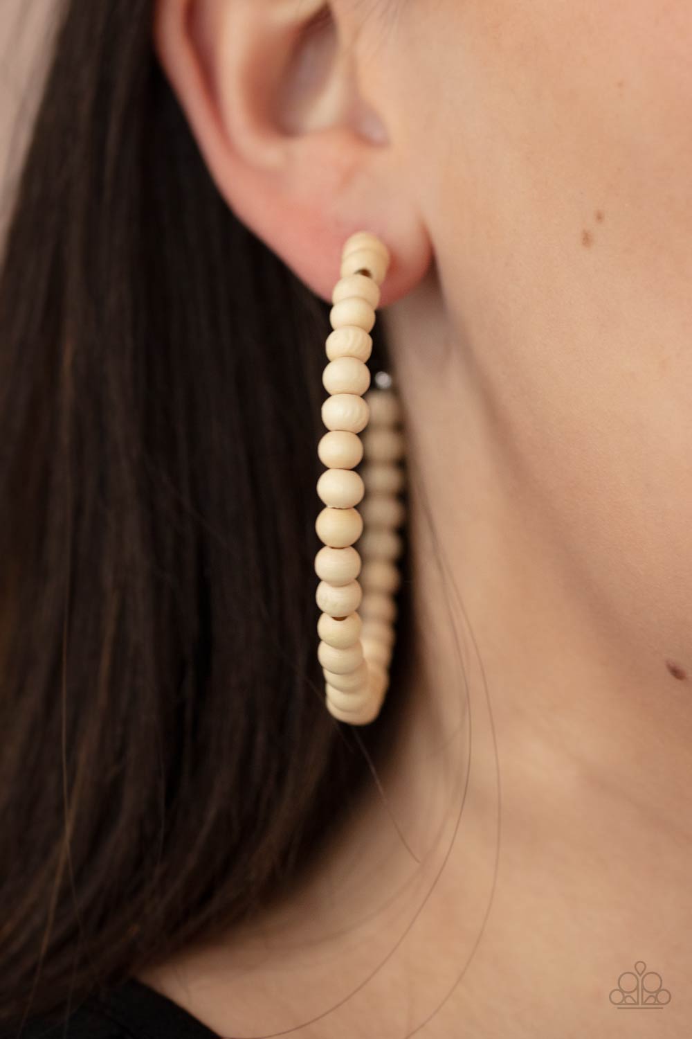 Should Have, Could Have, WOOD Have White Hoop Earring - Paparazzi Accessories  White wooden beads are threaded along a dainty wire, creating an earthy hoop. Earring attaches to a standard post fitting. Hoop measures approximately 2 1/2" in diameter.  Sold as one pair of hoop earrings.