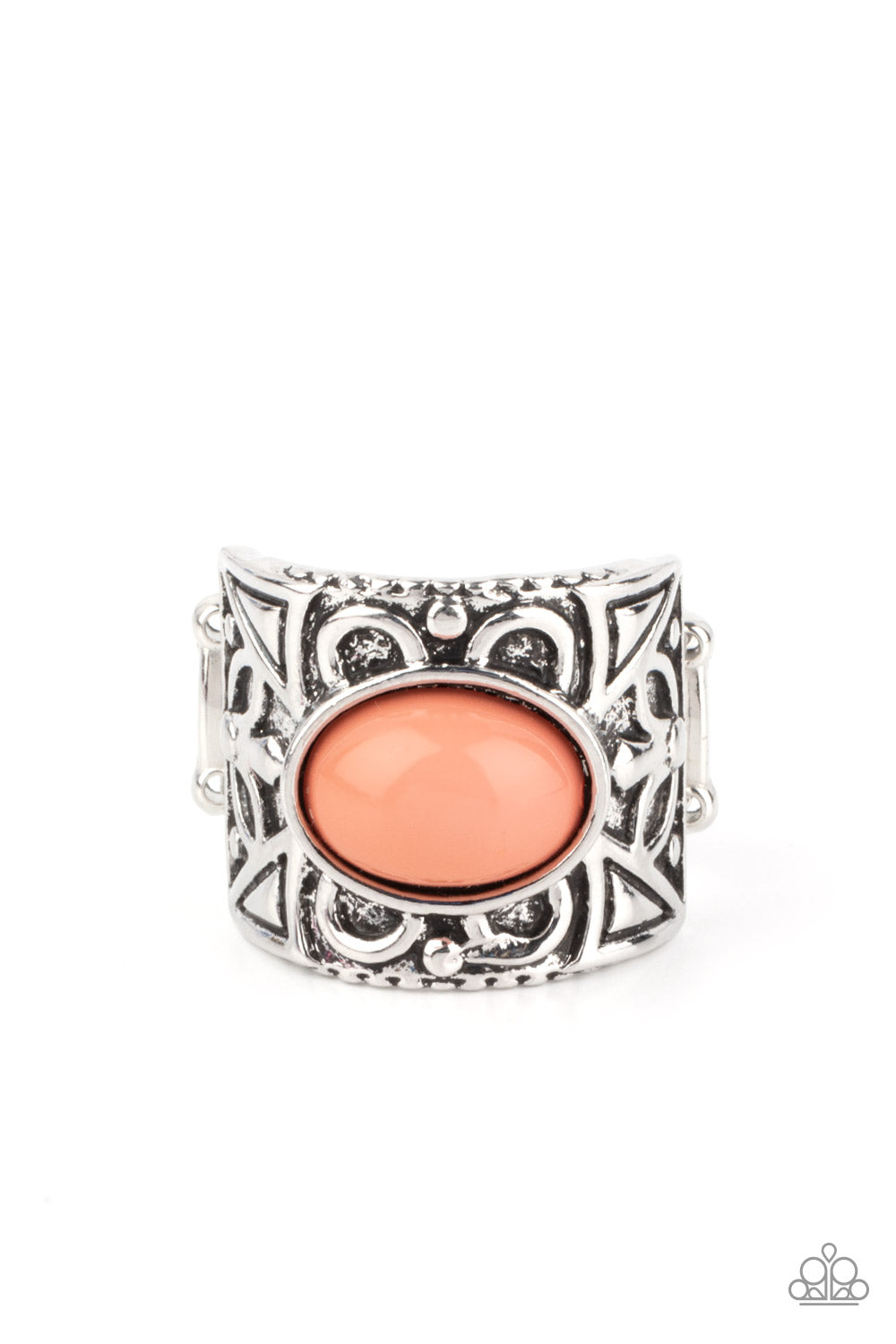 Bubbly Bonanza Orange Ring - Paparazzi Accessories  A bubbly Burnt Coral bead is pressed into the center of a thick silver frame embossed in a leafy geometric pattern, creating a colorfully whimsical centerpiece. Features a stretchy band for a flexible fit.  All Paparazzi Accessories are lead free and nickel free!  Sold as one individual ring.