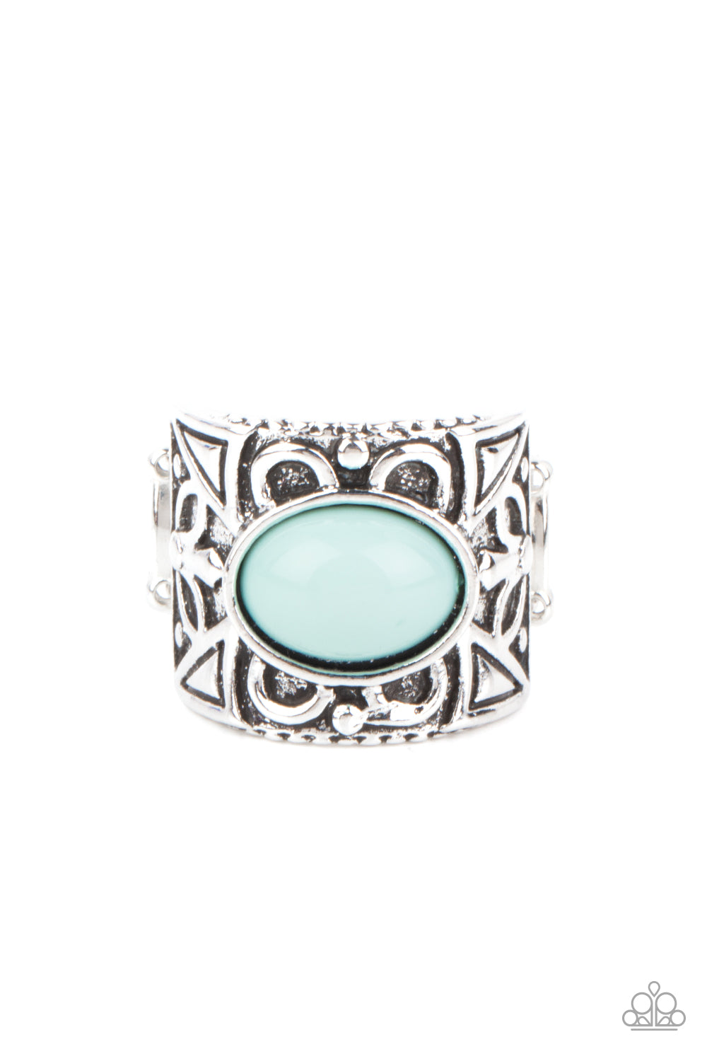 Bubbly Bonanza Blue Ring - Paparazzi Accessories  A bubbly blue bead is pressed into the center of a thick silver frame embossed in a leafy geometric pattern, creating a colorfully whimsical centerpiece. Features a stretchy band for a flexible fit.  All Paparazzi Accessories are lead free and nickel free!  Sold as one individual ring.